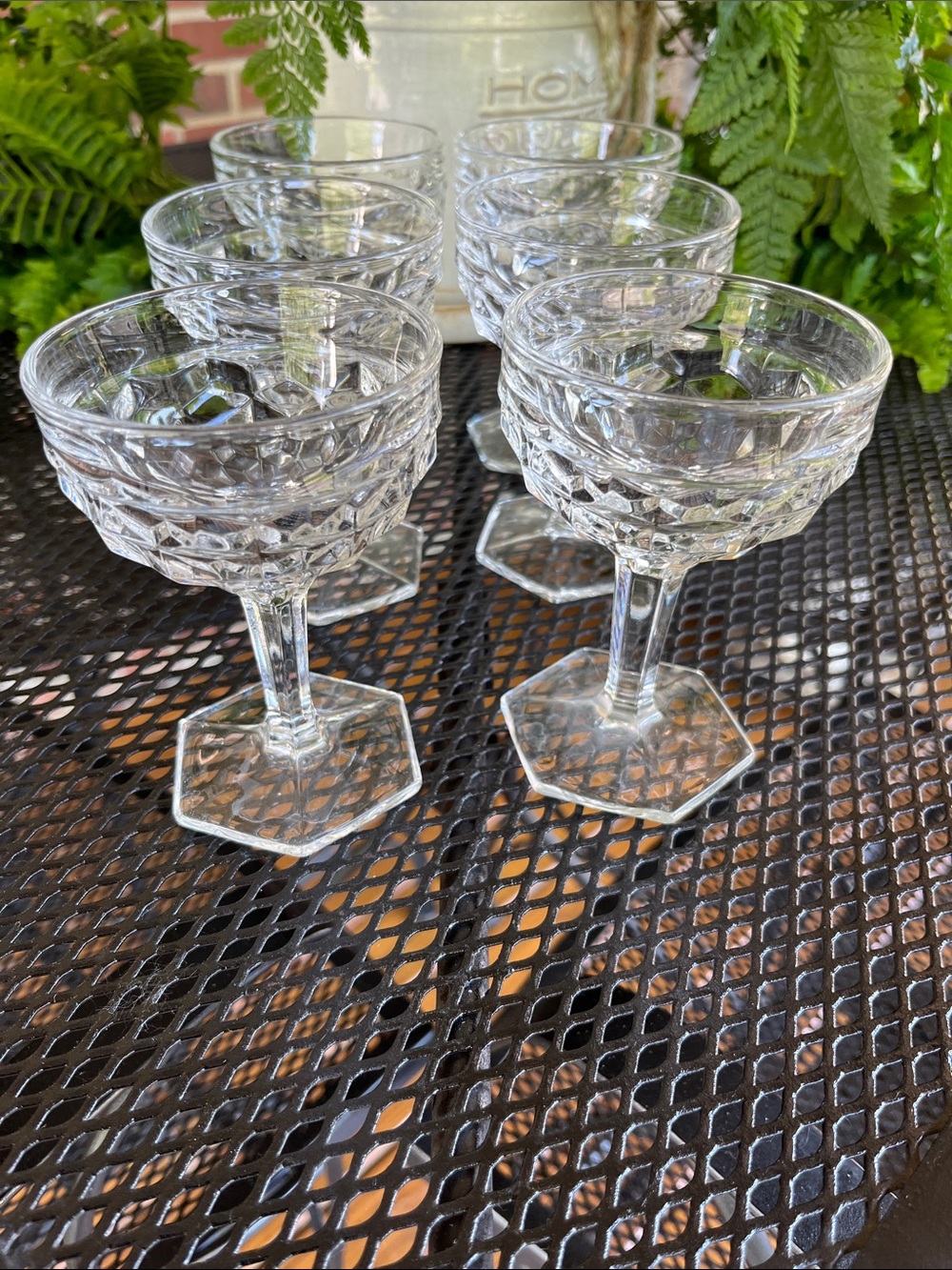 6 Fostoria American Clear Champagne/Tall Sherbet Glasses Hex Base Cube Cubist